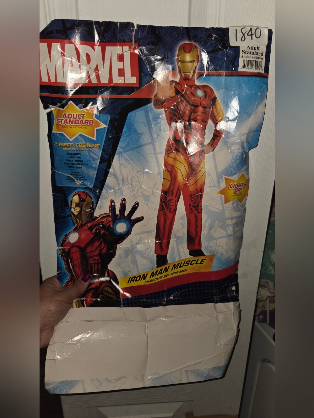 Marvel Iron Man Muscle Costume in Adult Standard size featuring light-up chest d